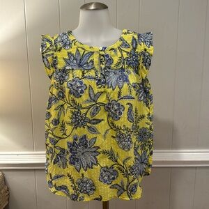 LOFT-Womens Yellow/Blue Fluttersleeve Lightweight Summer Blouse Size SMALL